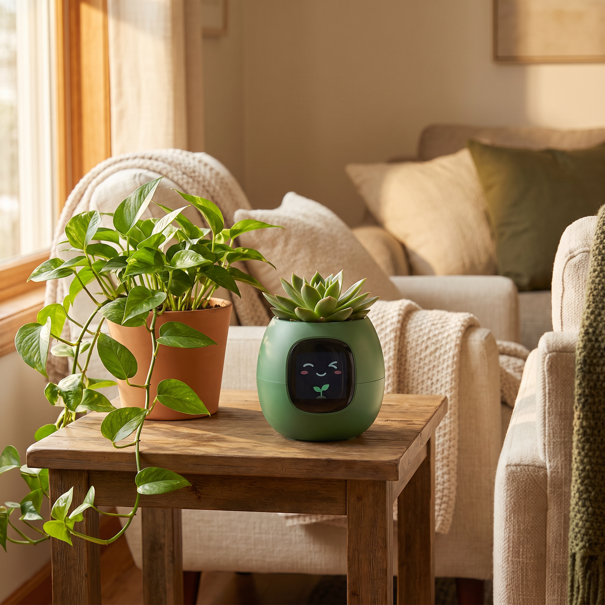 Smart self-watering planter on a wooden side table next to a leafy houseplant in a cozy, warmly lit living room