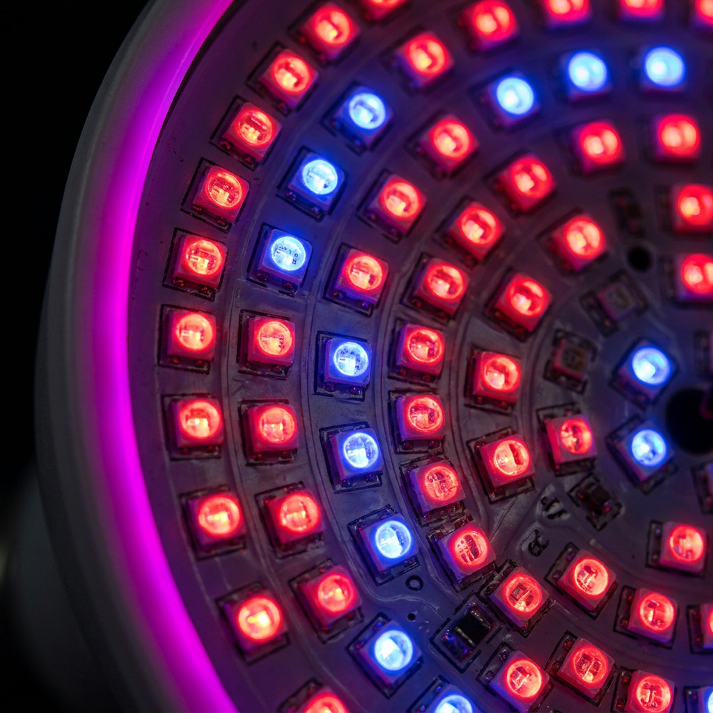 Close-up of red and blue LED bead cluster
