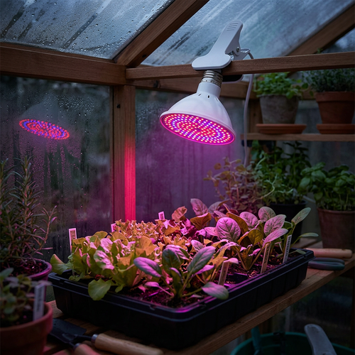 Red and blue LED grow light over seedling tray