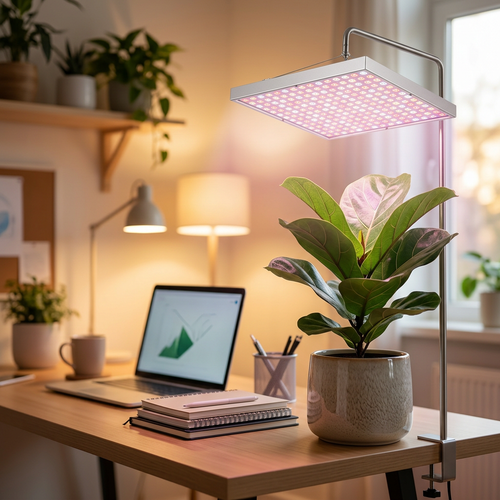 LED grow lamp above a houseplant on a desk