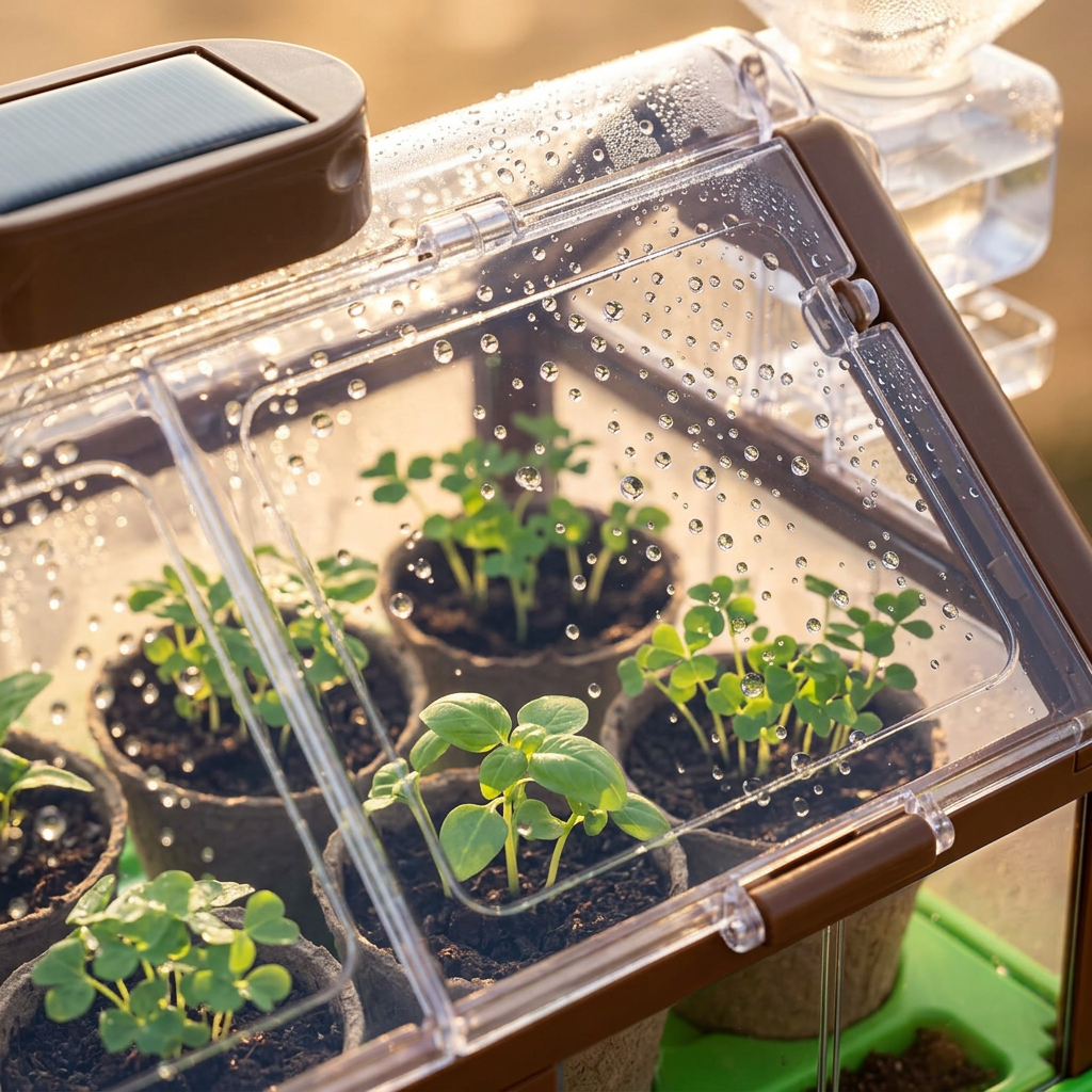 Close-up of sprouting seedlings in greenhouse kit