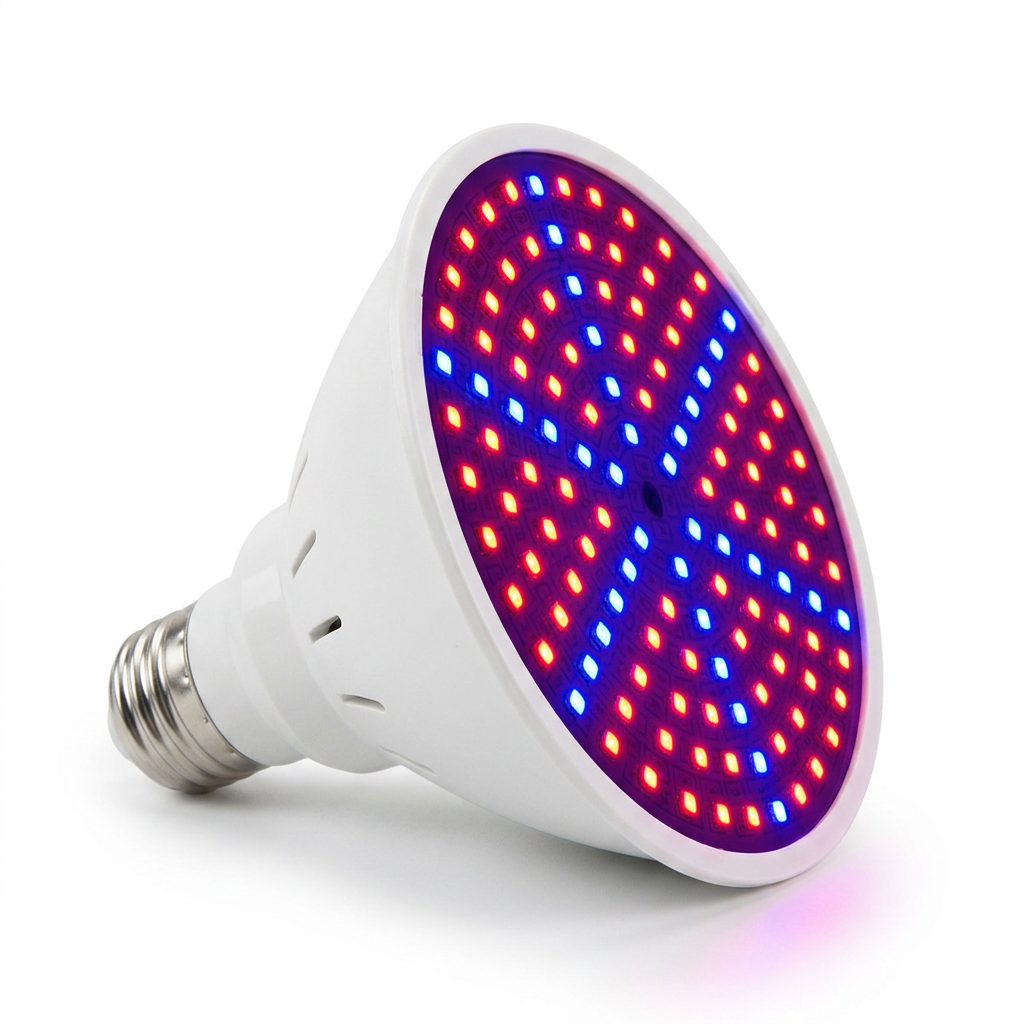Red and blue LED grow light on white background