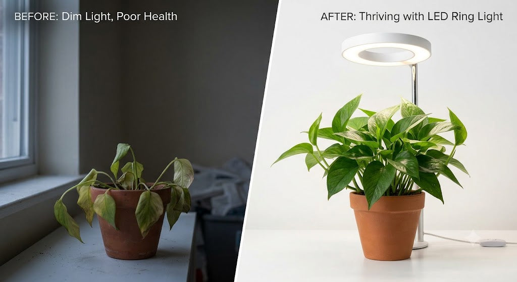 Adjustable LED grow light extended to full height on a plant stand