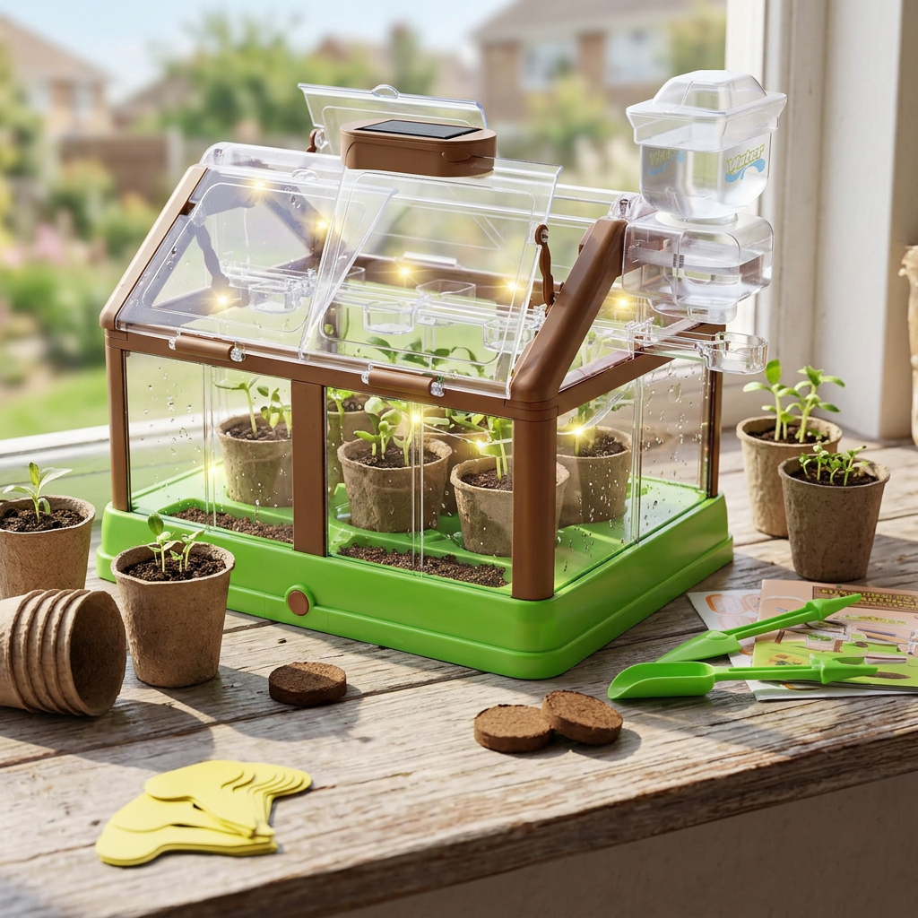 Kids greenhouse growing kit on a sunny windowsill