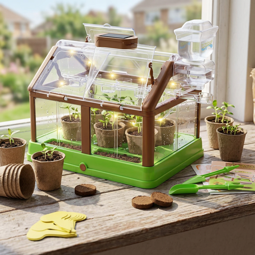 Kids greenhouse growing kit on a sunny windowsill