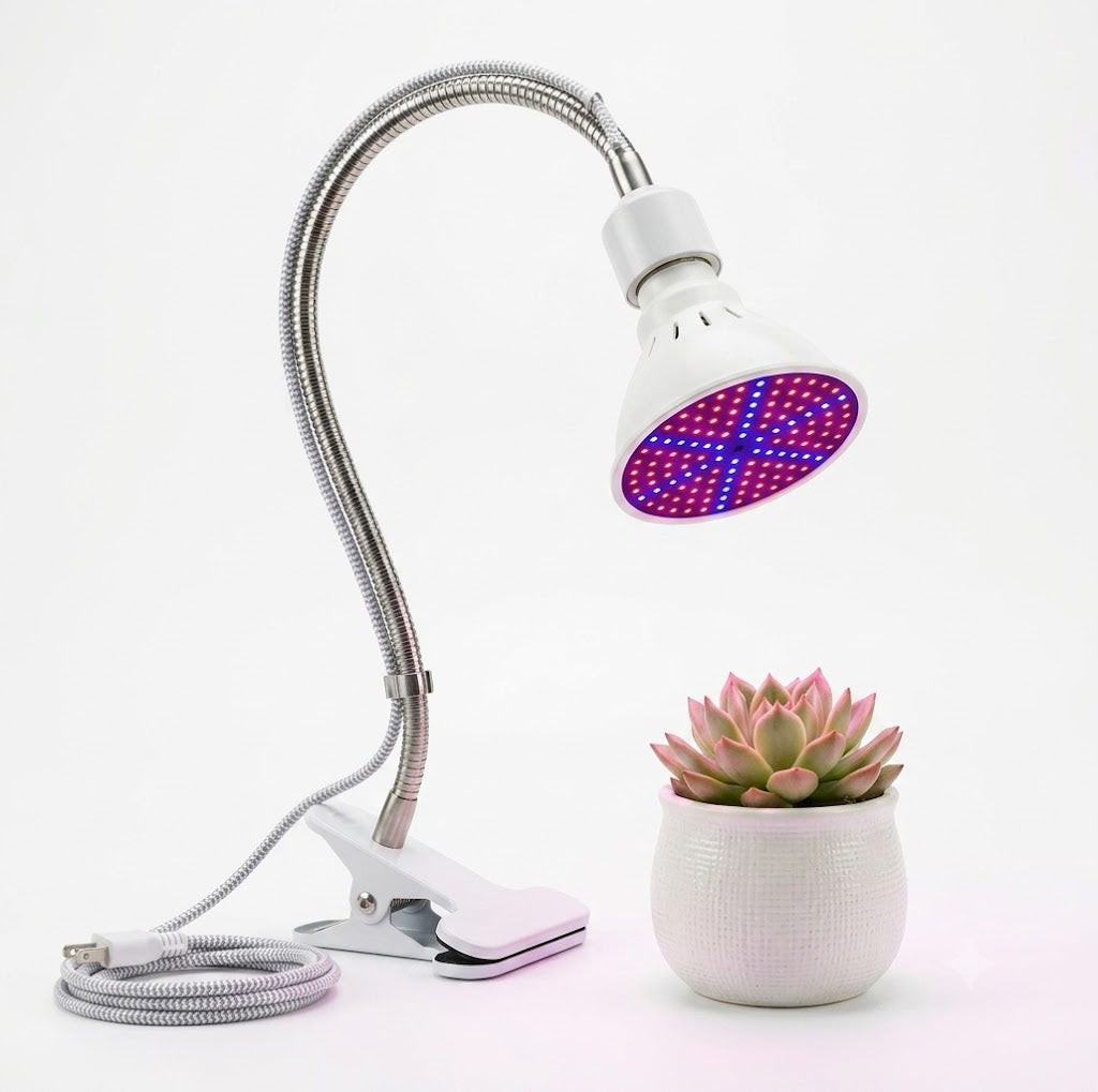 Red and blue LED grow light mounted above potted plants