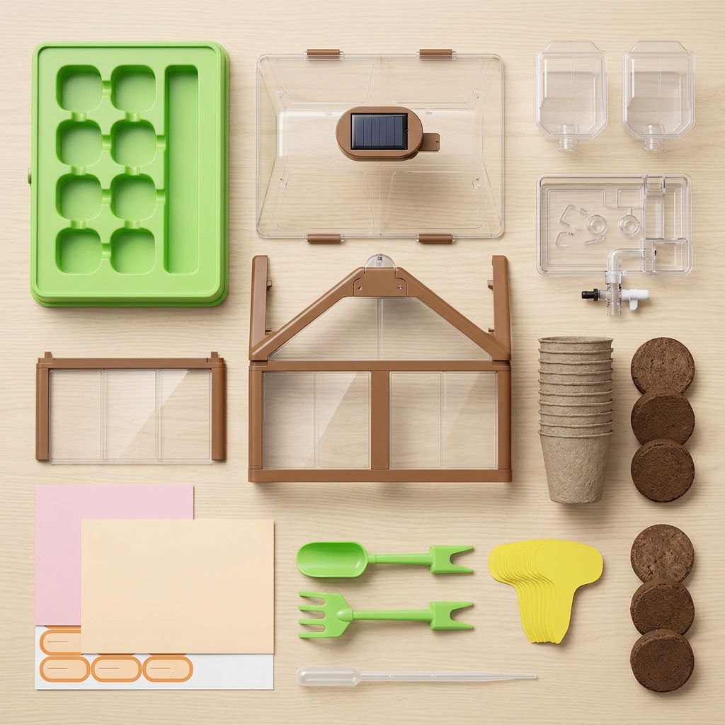 Kids greenhouse growing kit components flat lay