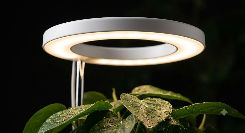 LED grow light clipped above a potted houseplant on a shelf