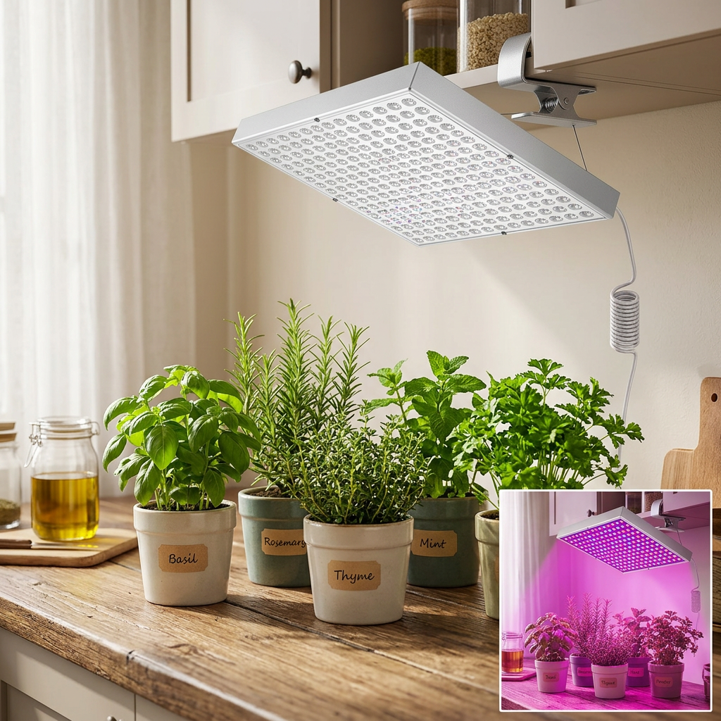 LED grow lamp over indoor herb garden
