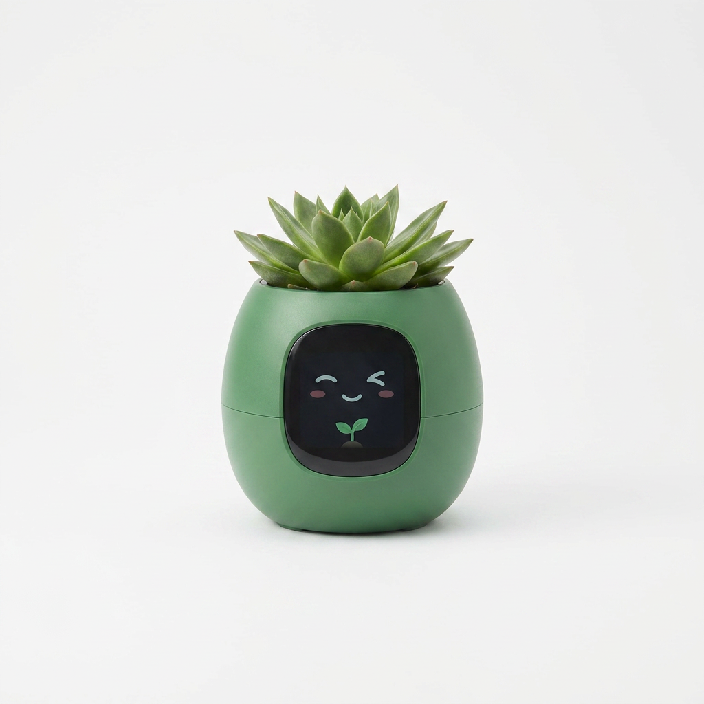 Green smart self-watering planter with digital display, studio shot on white background
