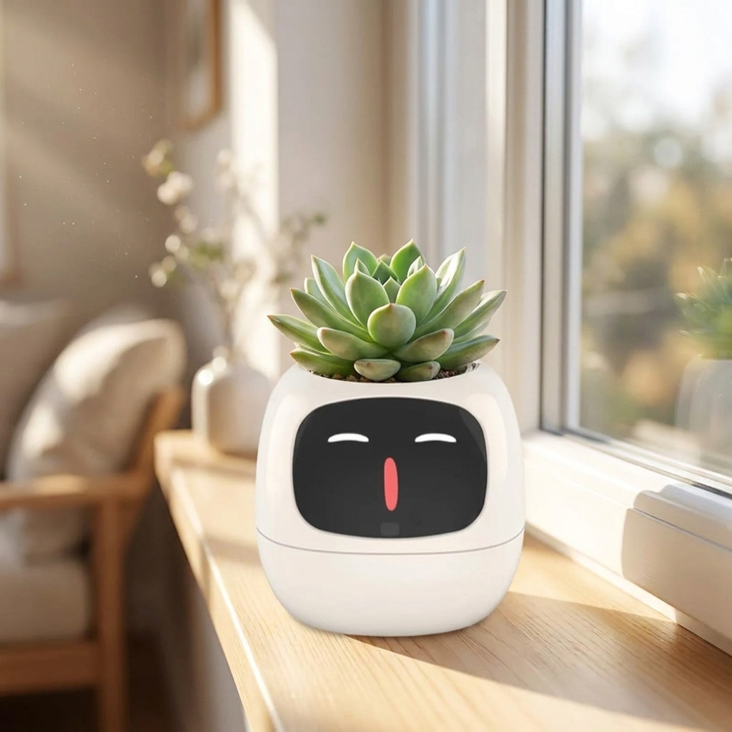 Smart self-watering planter with succulent on a sunlit wooden windowsill
