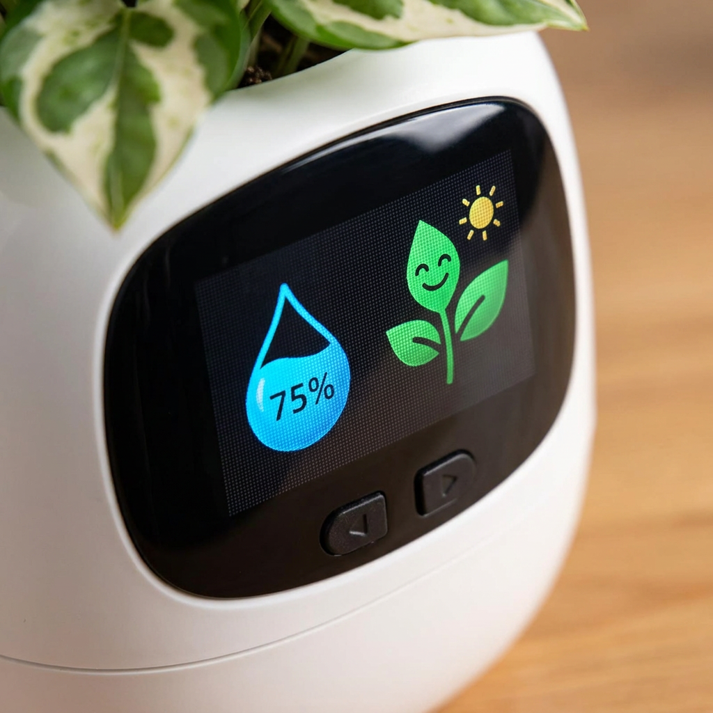 Close-up of smart planter digital display showing water level and plant status