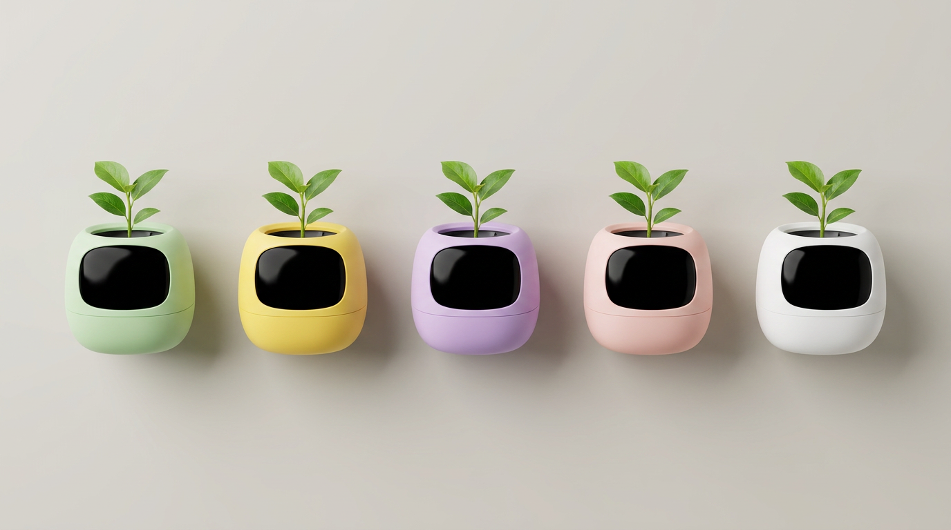Smart planters in five colors: green, yellow, purple, pink, and white