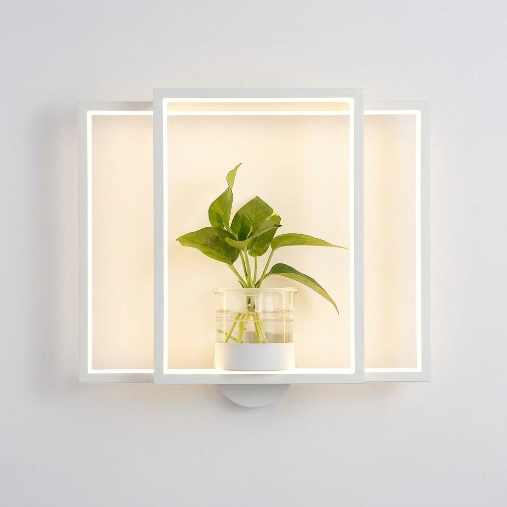 White rectangular LED wall planter light, studio shot on white background