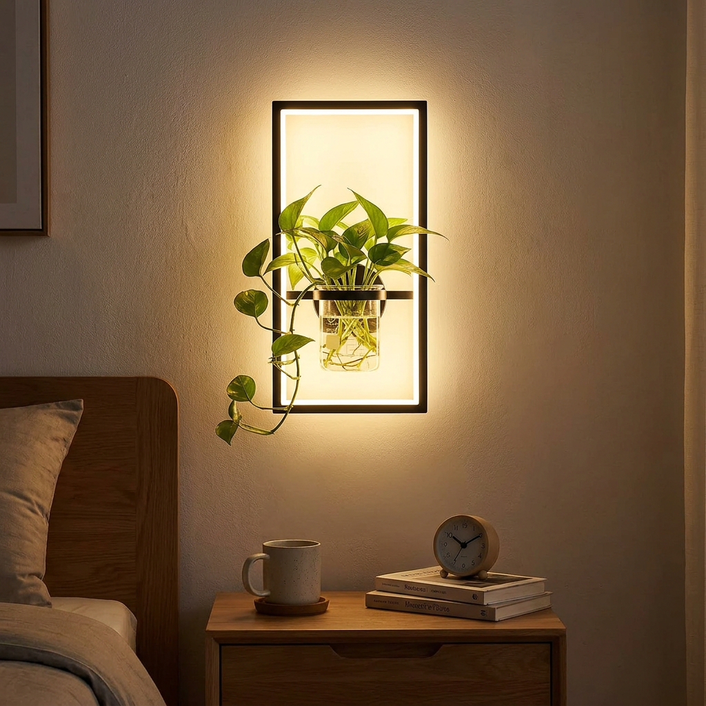 LED wall light with planter mounted above a bedroom nightstand with warm ambient glow