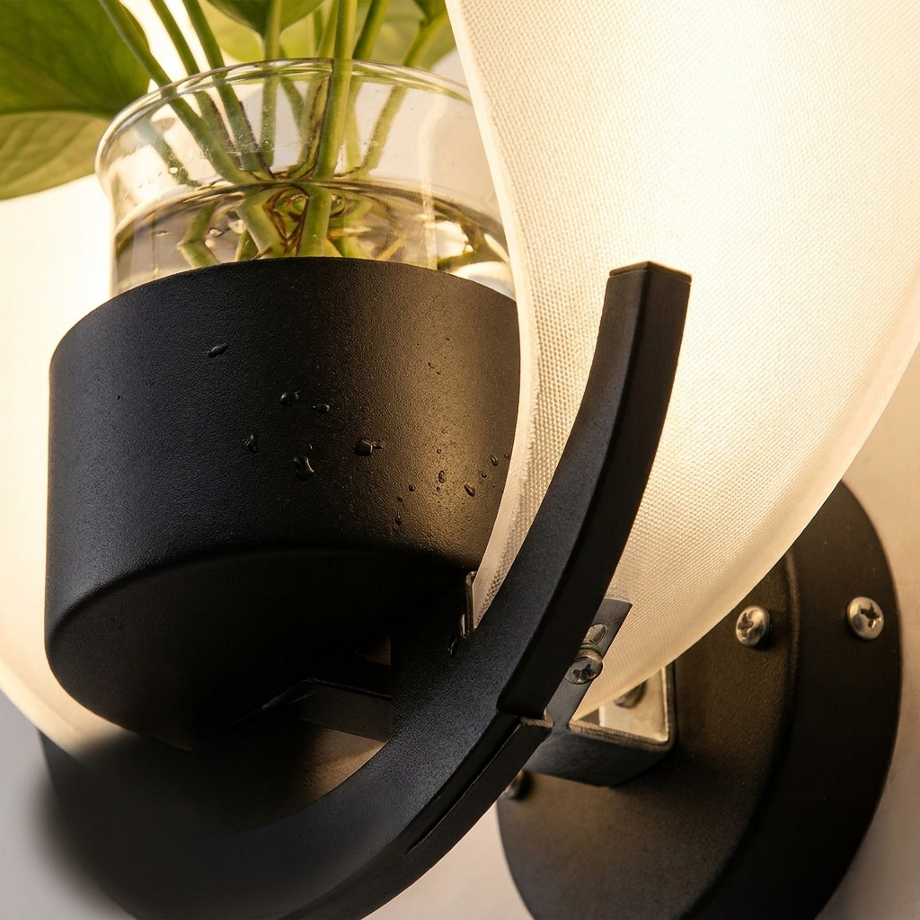 Close-up of the wall lamp's built-in planter cup and lampshade texture