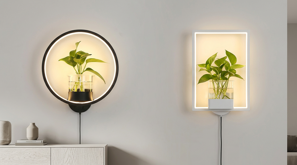 Round black and rectangular white wall planter lights shown side by side