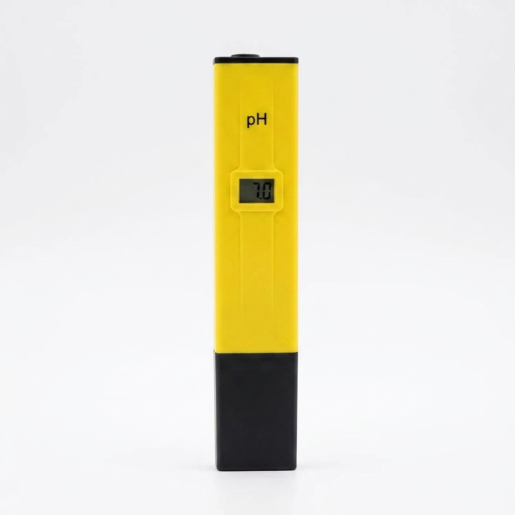 Digital pocket pH meter pen with LCD display, studio shot on white background