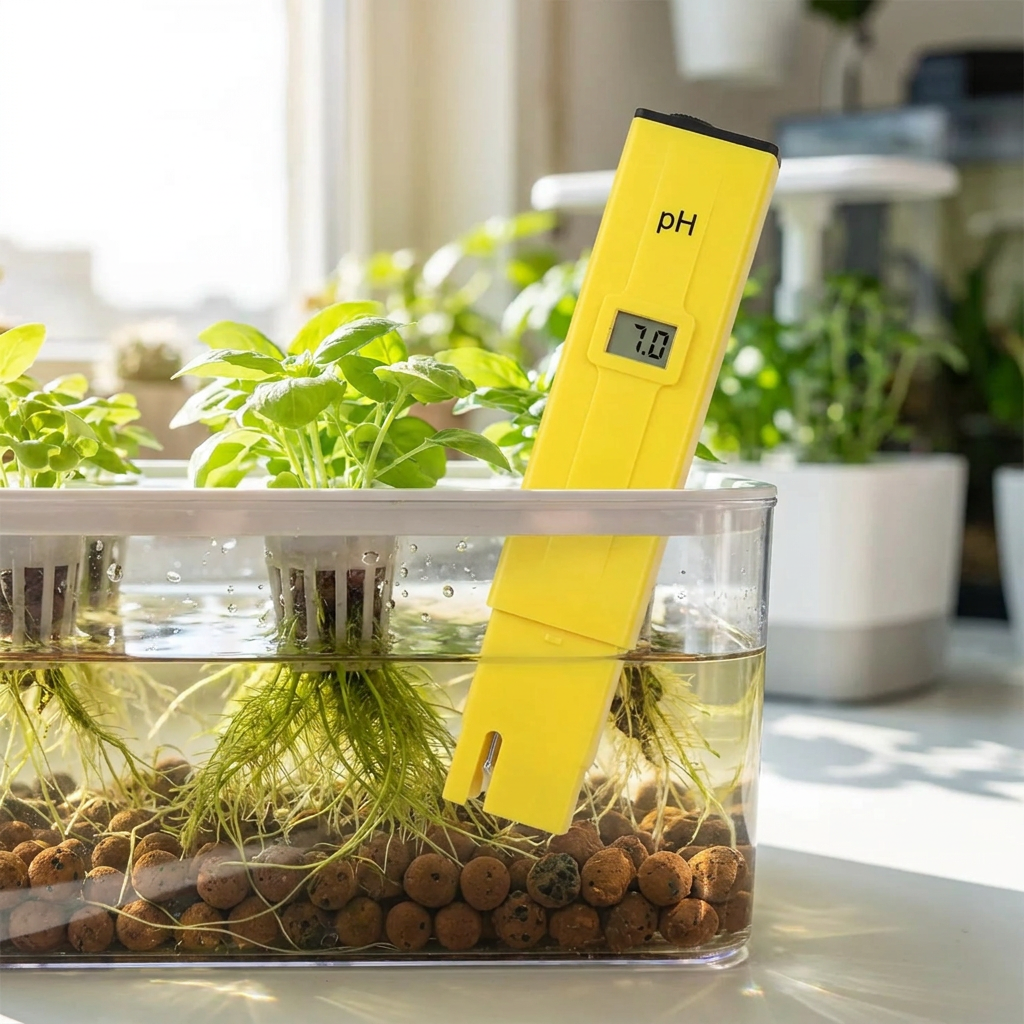 pH meter testing nutrient water in a hydroponic reservoir with plant roots