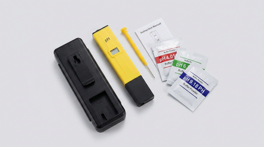 pH meter pen with its carrying case and belt clip