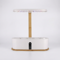 Hydroponic plant growing system with LED light and bamboo base, studio shot on white background