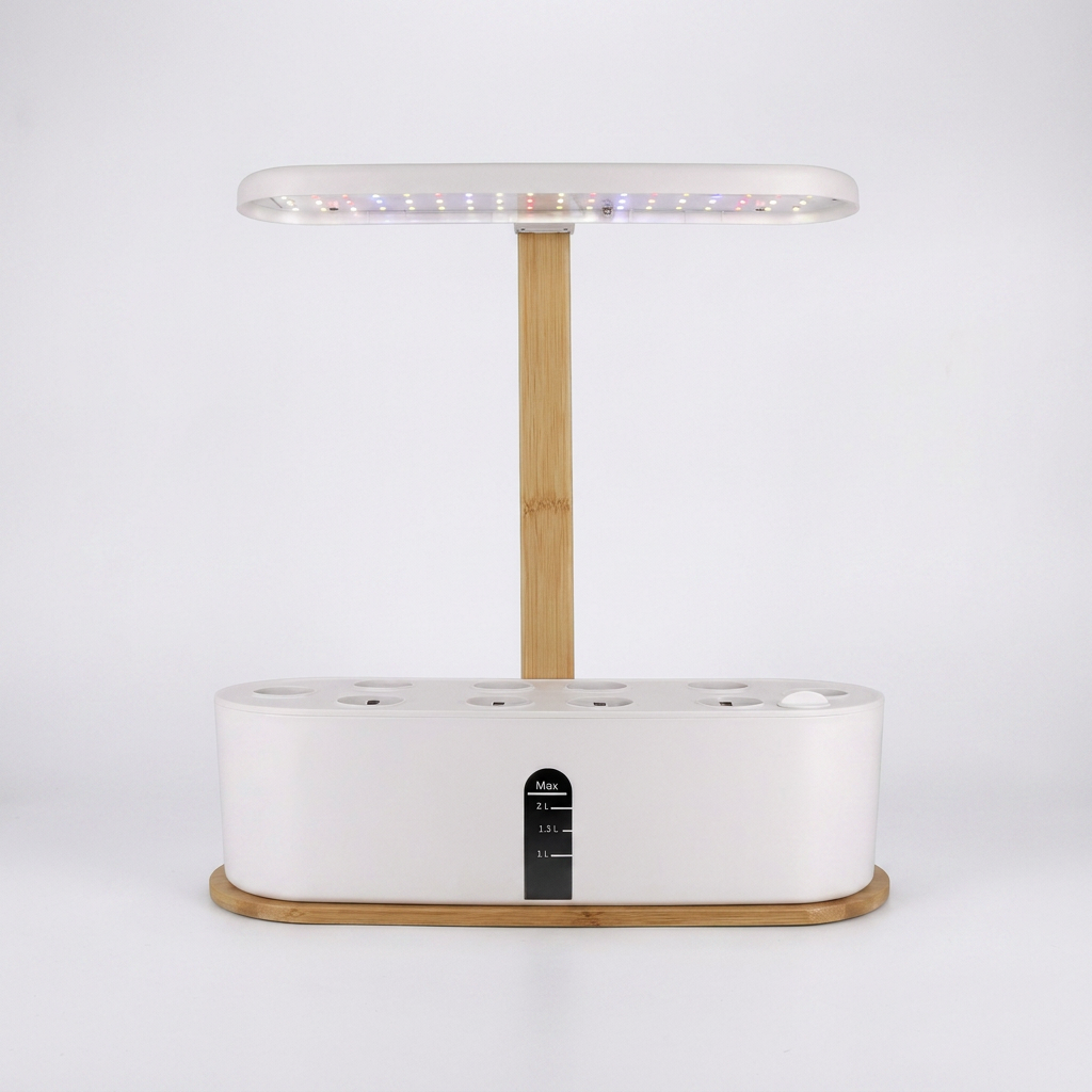 Hydroponic plant growing system with LED light and bamboo base, studio shot on white background