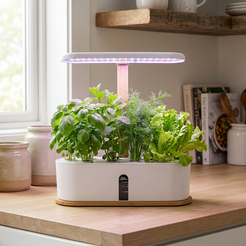 Hydroponic growing system with fresh herbs and greens on a kitchen countertop