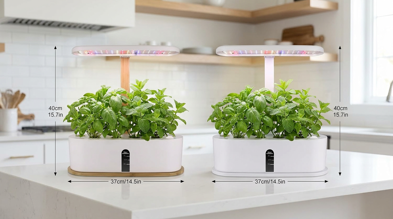 Bamboo and white hydroponic growing systems shown side by side
