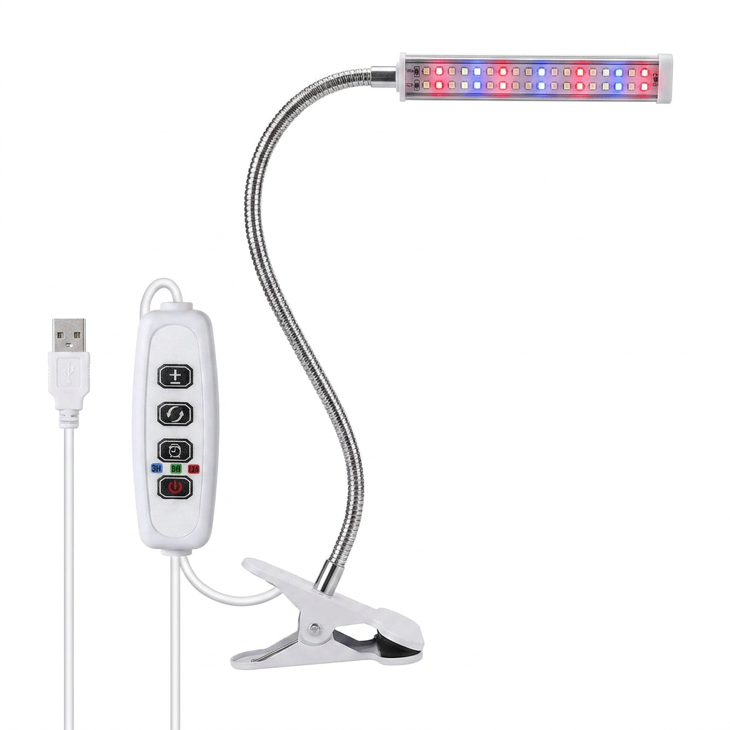 USB LED grow light with red and blue spectrum on white background