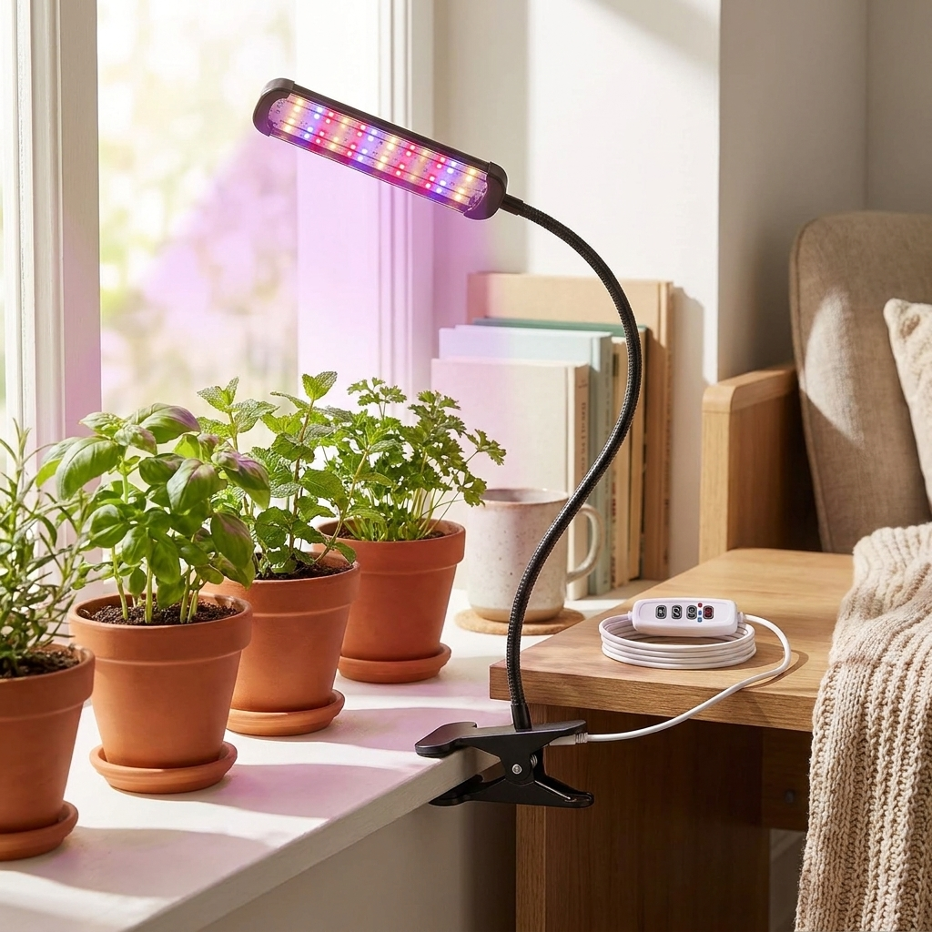USB grow light clipped to a shelf lighting herb seedlings on a windowsill