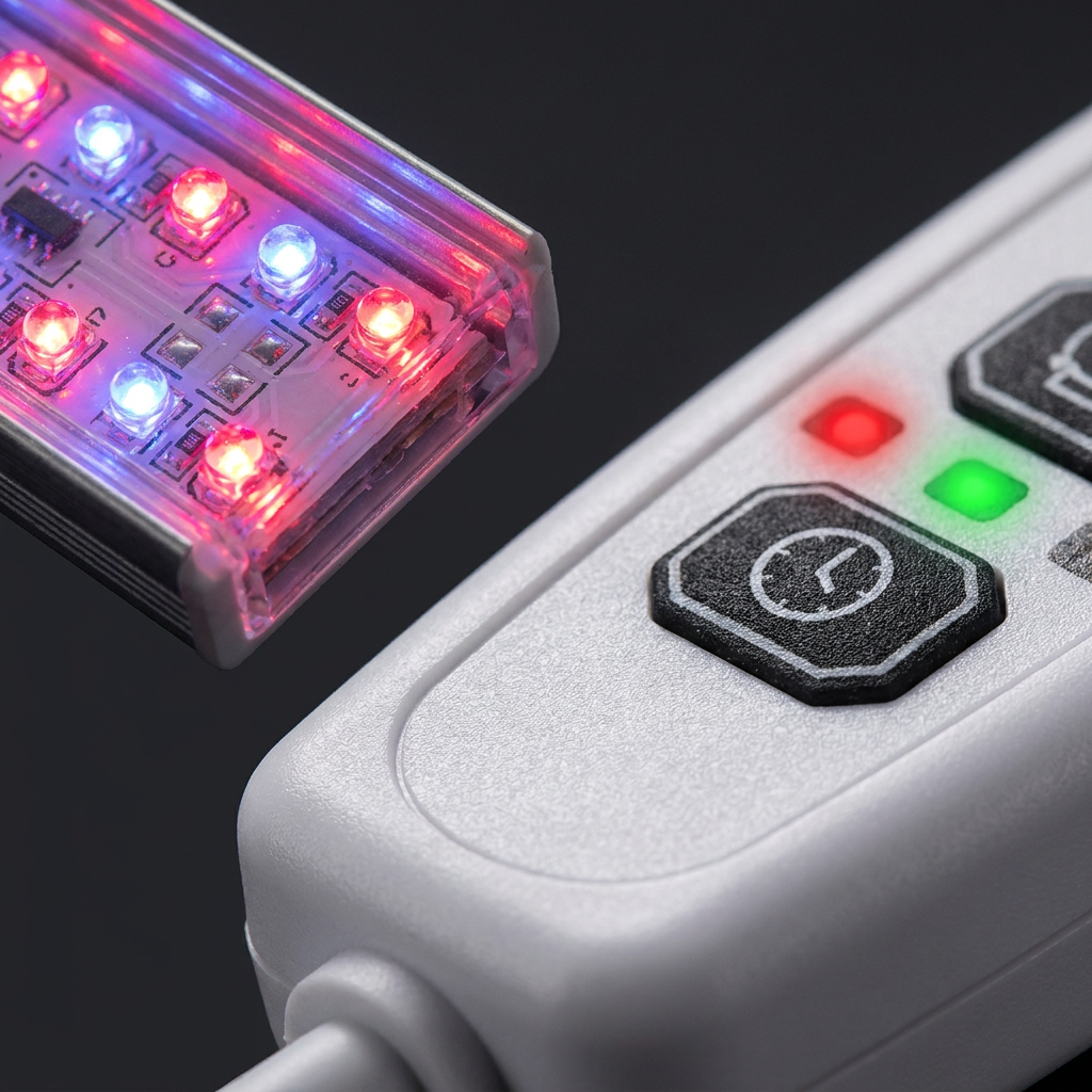 Close-up of red and blue LED beads and timer button on grow light head