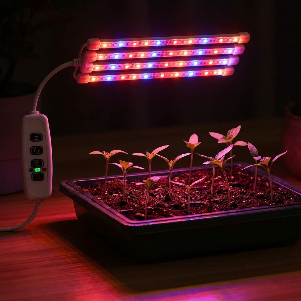 USB grow light glowing over a tray of sprouting seedlings at night