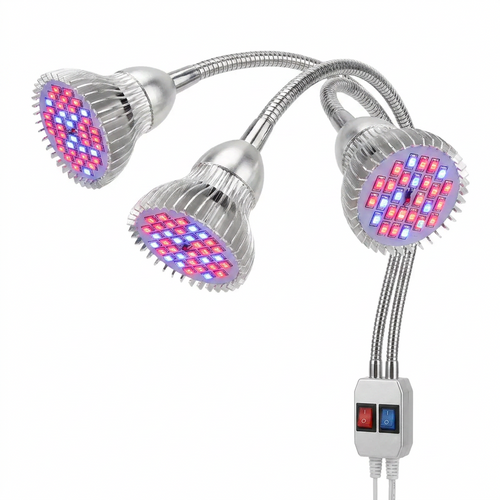 Dual-head aluminum LED grow lamp with switch controls on white background