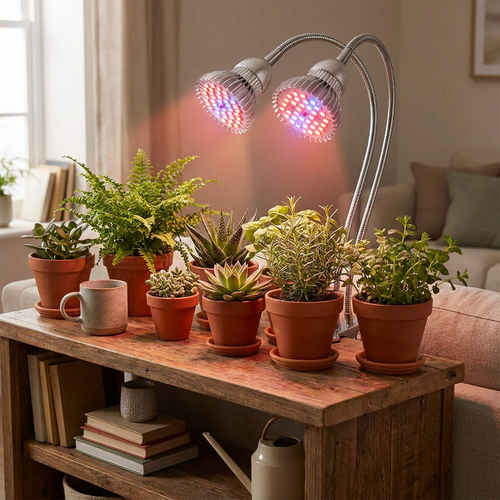 Dual-head grow lamp mounted above a shelf of leafy potted plants