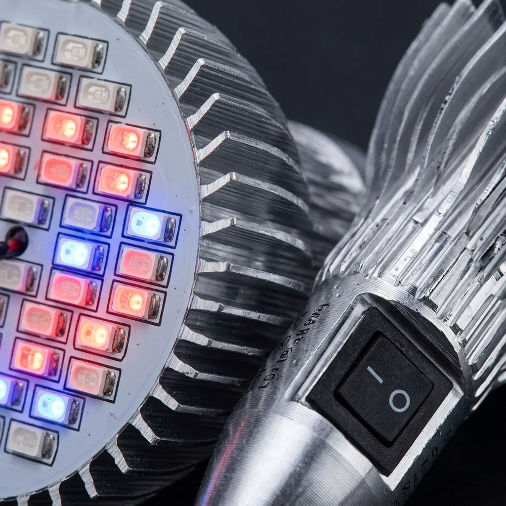 Close-up of red and blue LED beads and switch on dual-head grow lamp