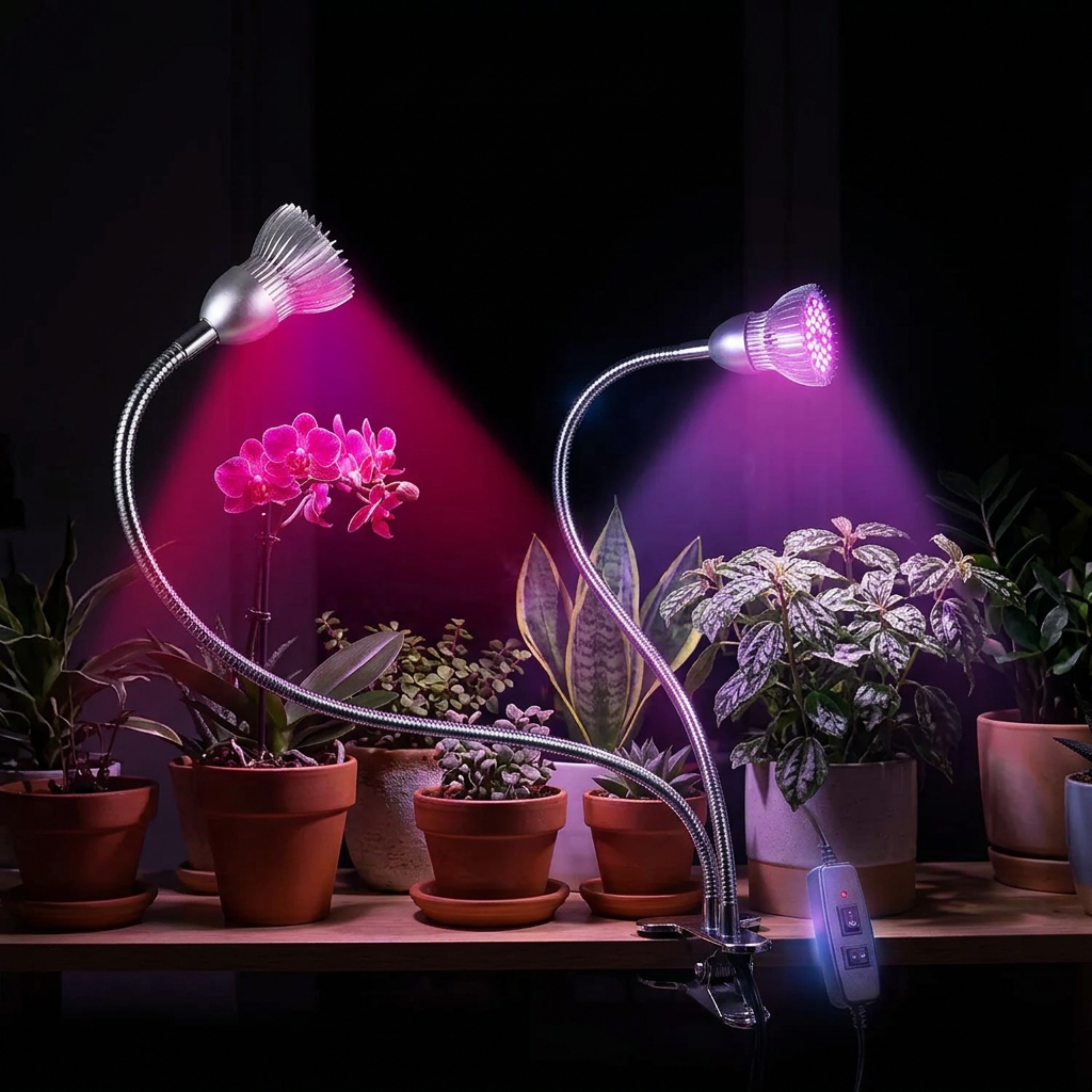 Dual-head grow lamp glowing over a shelf of flowering indoor plants at night