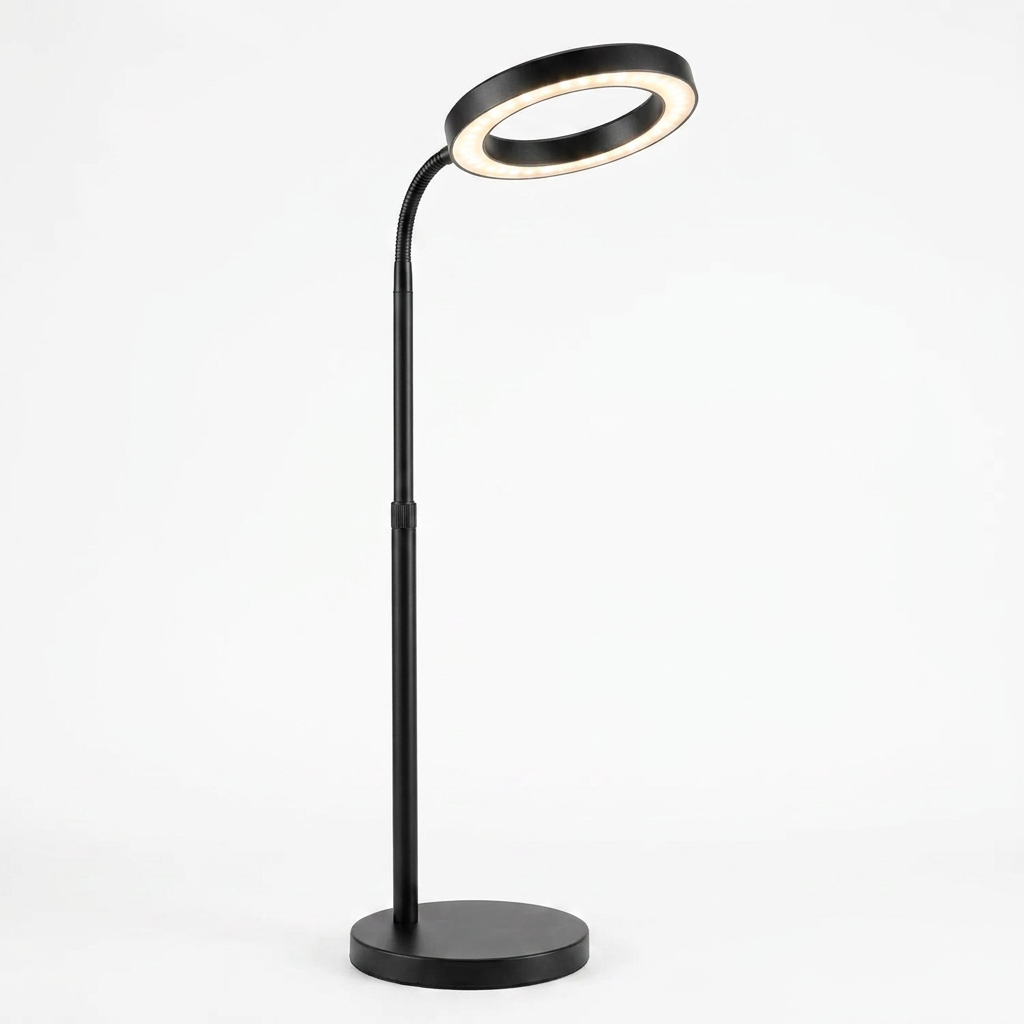 Black adjustable gooseneck LED grow lamp on white background