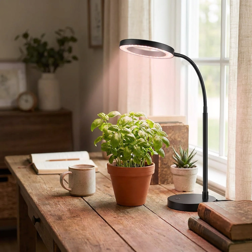 Gooseneck grow lamp positioned over a potted herb plant on a desk