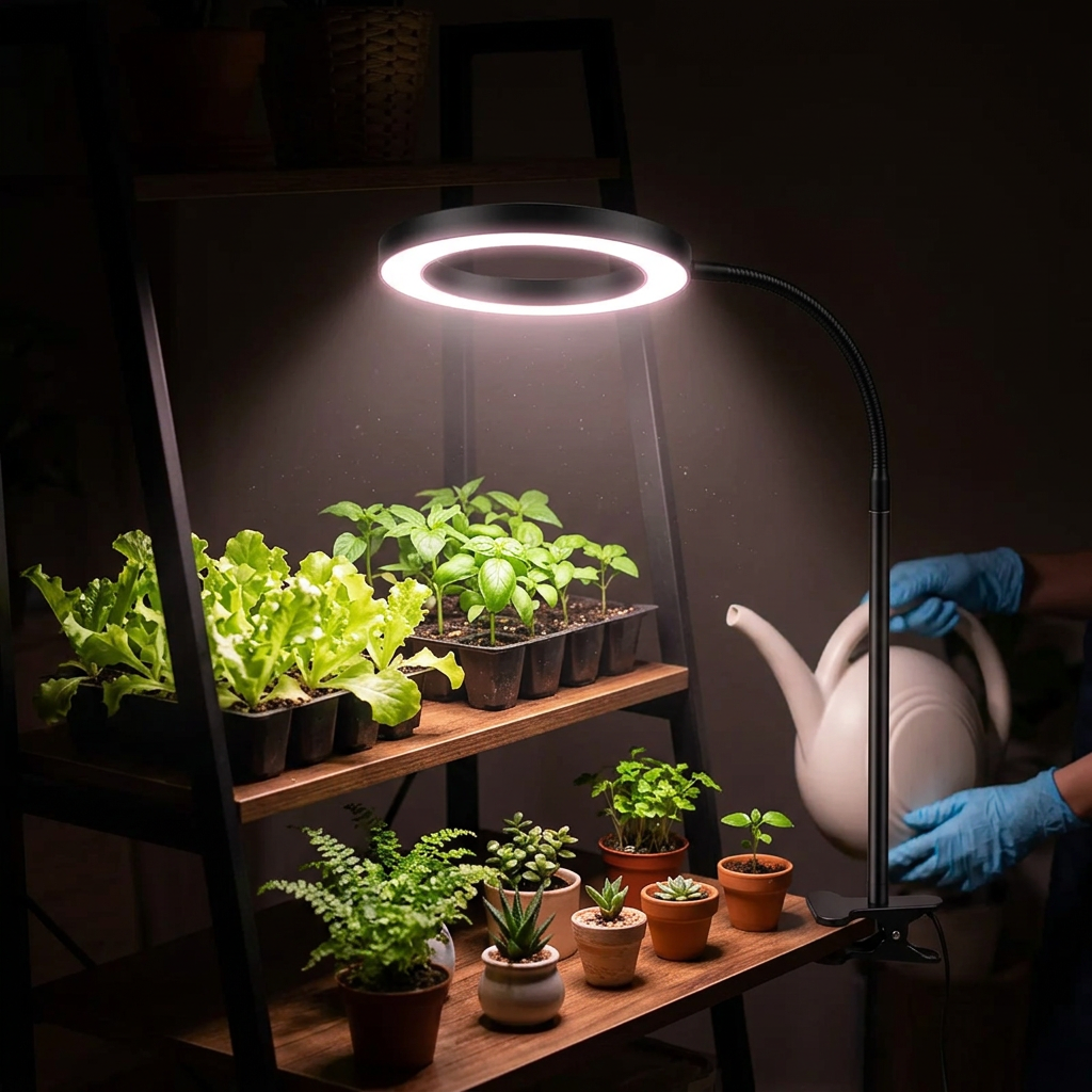 Gooseneck grow lamp glowing over a shelf of seedlings at night