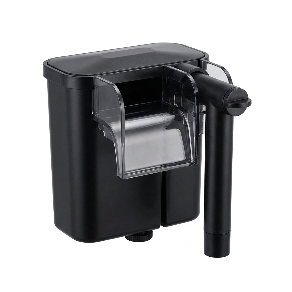 Compact hang-on-back aquarium filter on white background