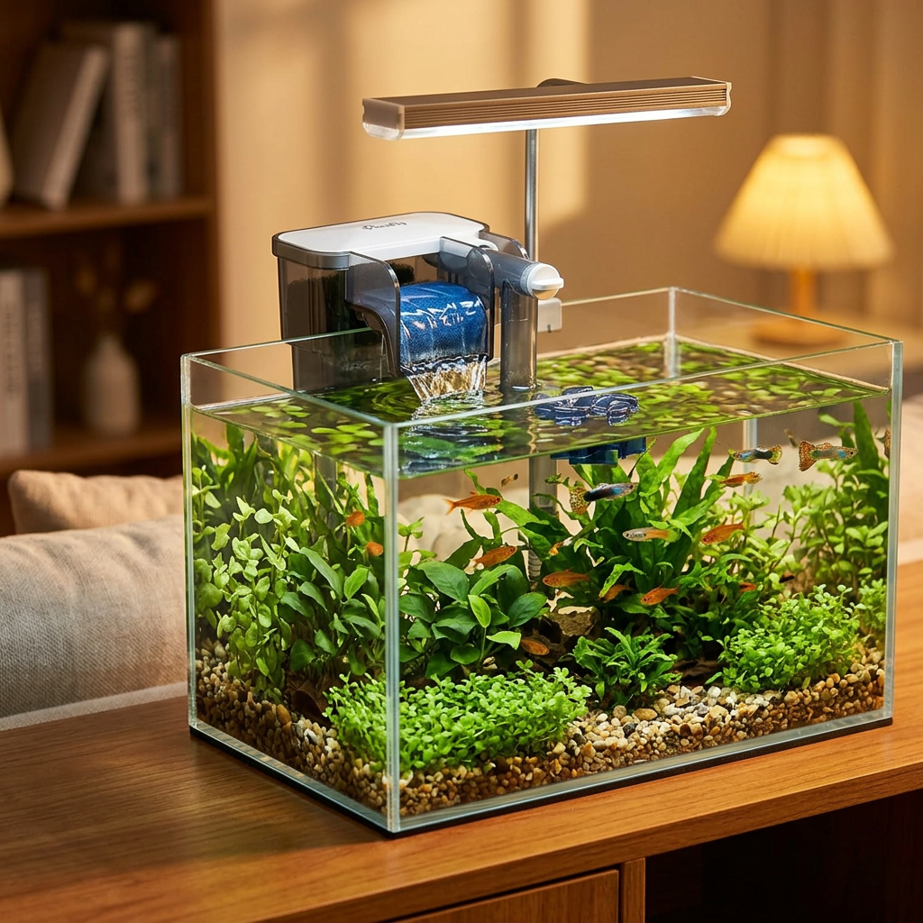 Aquarium filter mounted on a nano fish tank with fish and plants
