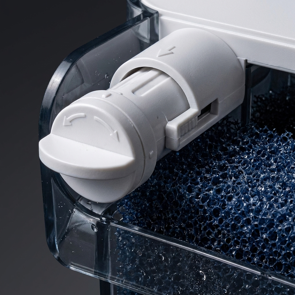 Close-up of the filter's adjustable flow control knob and bio sponge