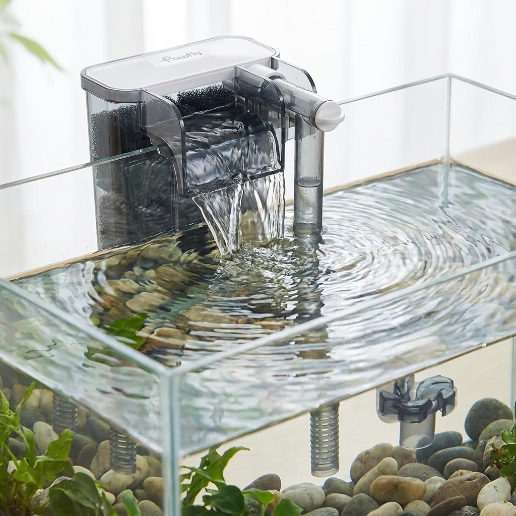 Aquarium filter in operation with visible water flow on a fish tank