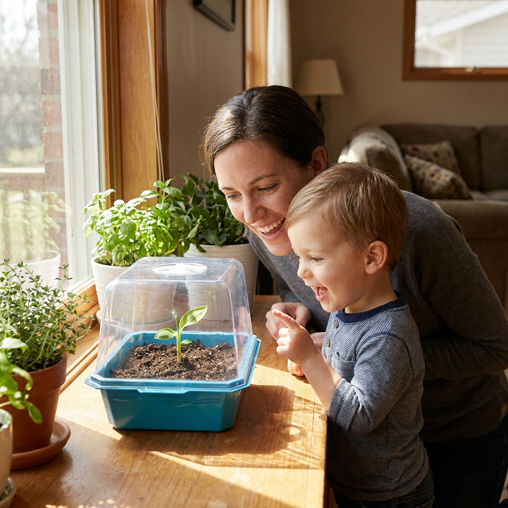 Parent and child looking at a sprouting banana seedling on a windowsill
