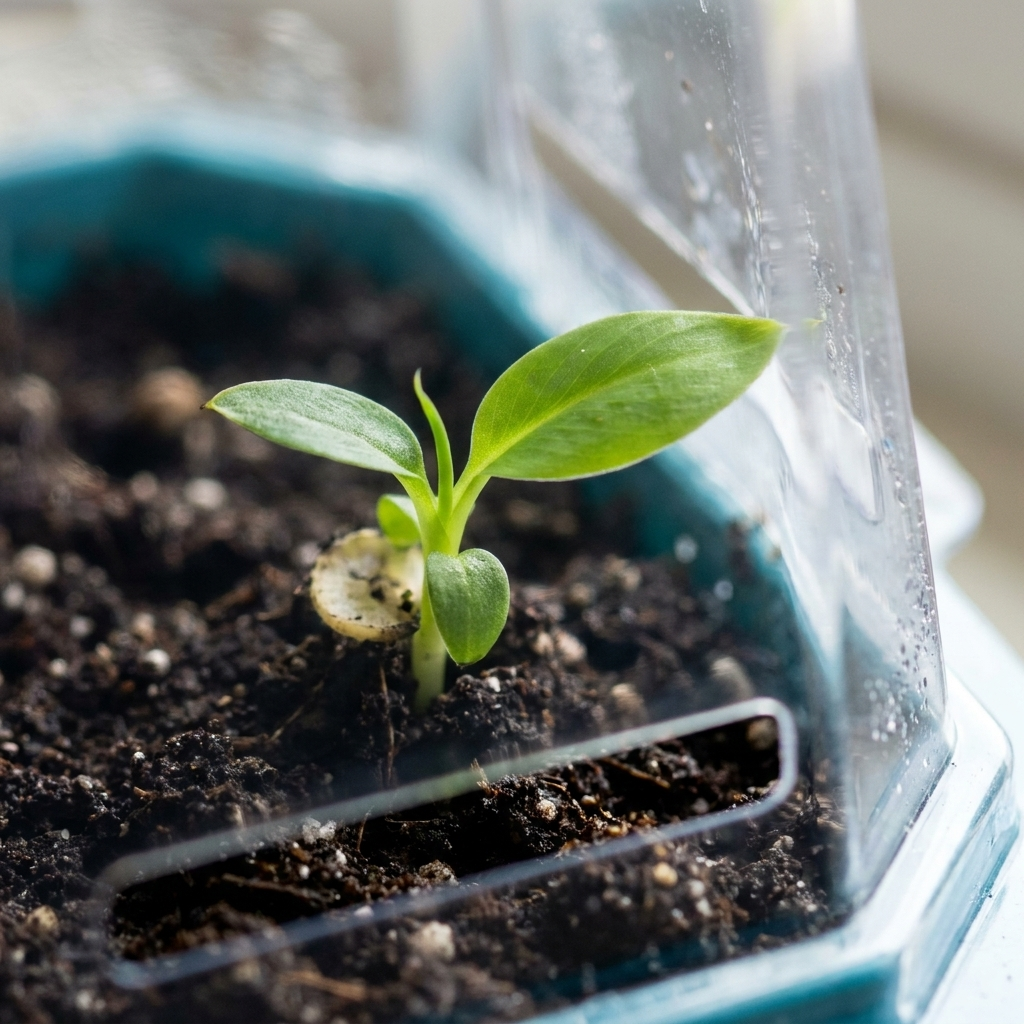 Close-up of a banana seedling sprouting in the terrarium