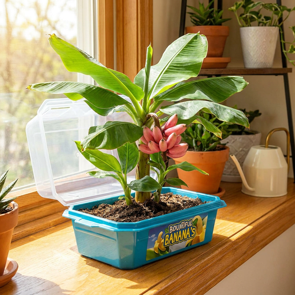 Grown mini banana plant with fruit on a sunny windowsill