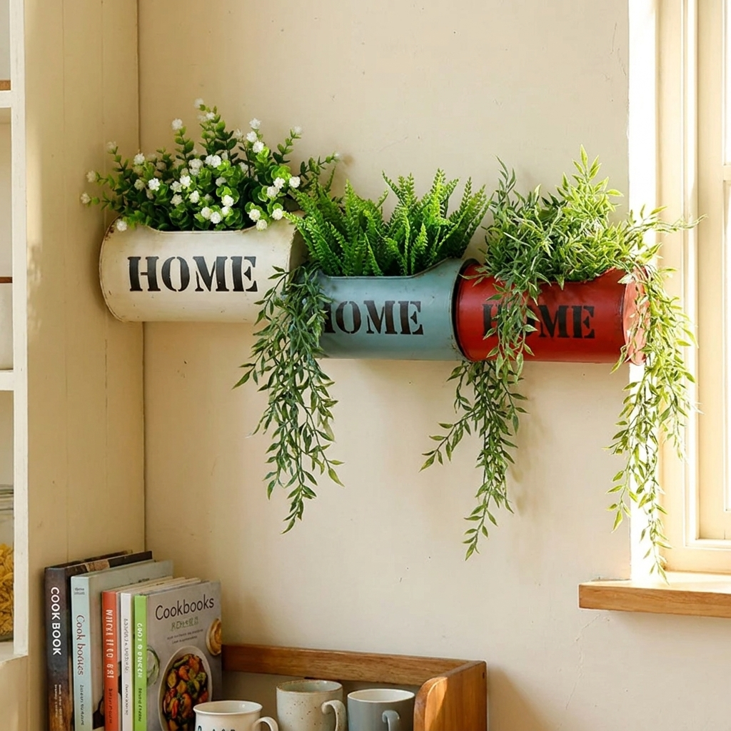 Row of iron wall-mounted planters in white, blue, and red on a wall with trailing plants