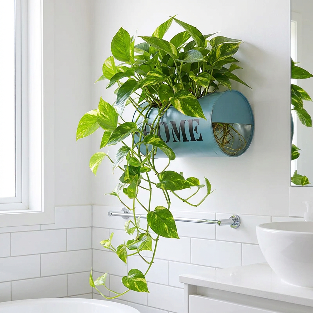 Blue iron wall planter with trailing pothos plant growing in water