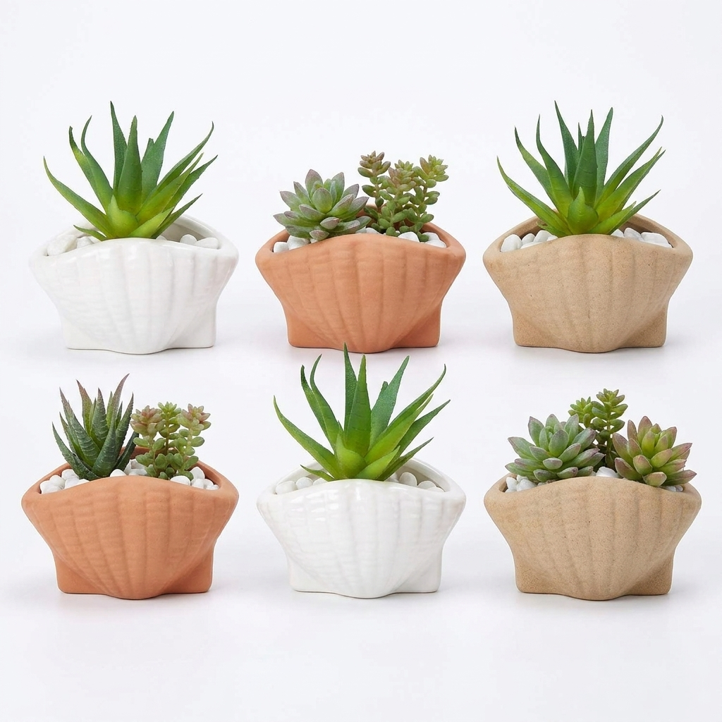 Set of 6 ceramic shell-shaped planters on white background