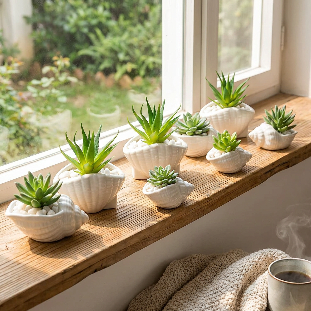 Ceramic shell planters with succulents on a sunny windowsill shelf